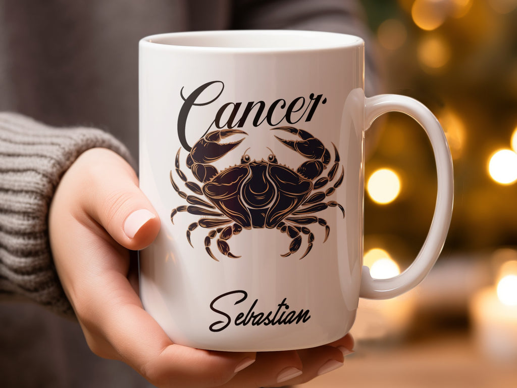 White mug with "Cancer" and a crab illustration, personalized with "Sebastian".