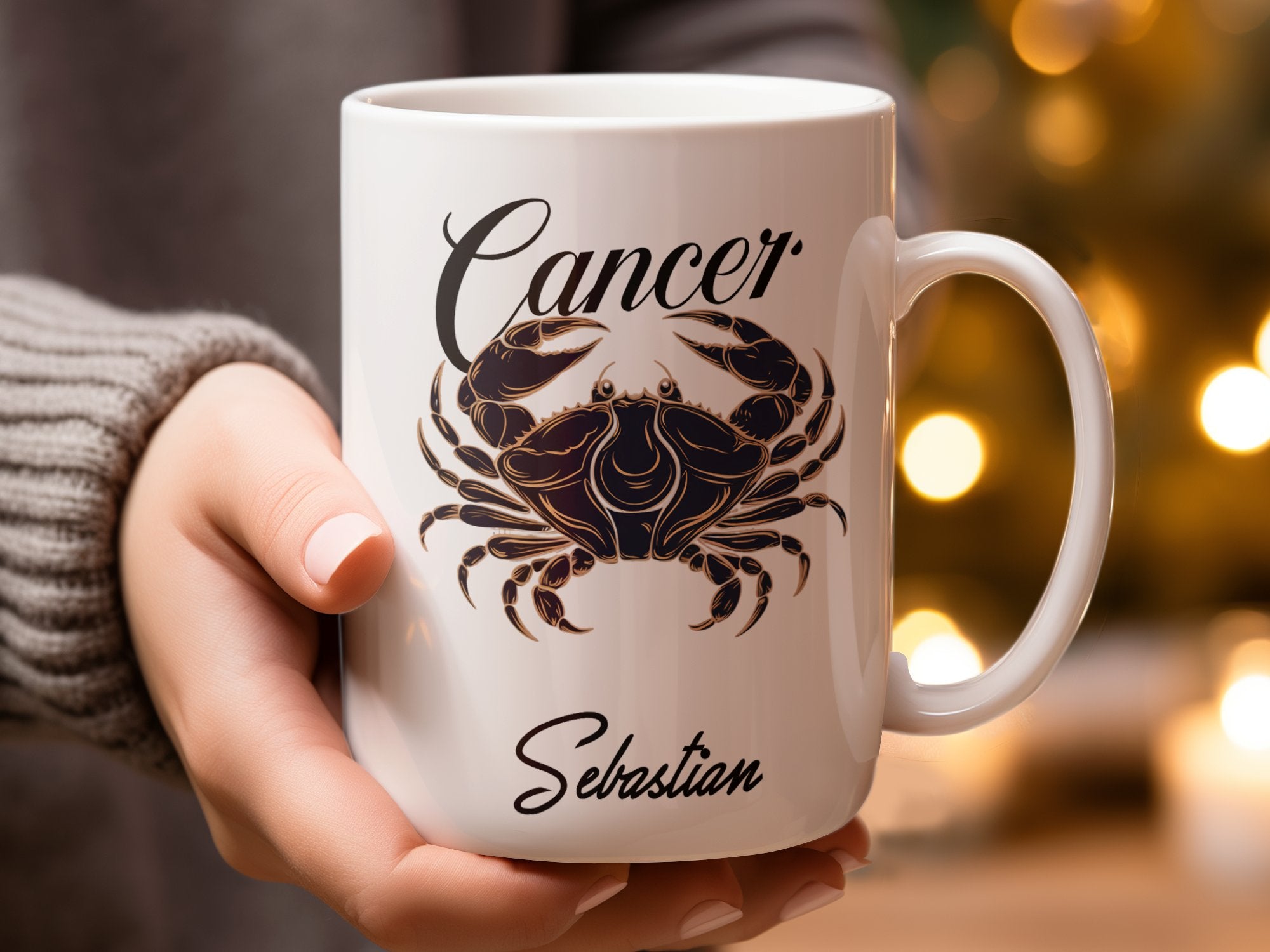 White mug with "Cancer" and a crab illustration, personalized with "Sebastian".
