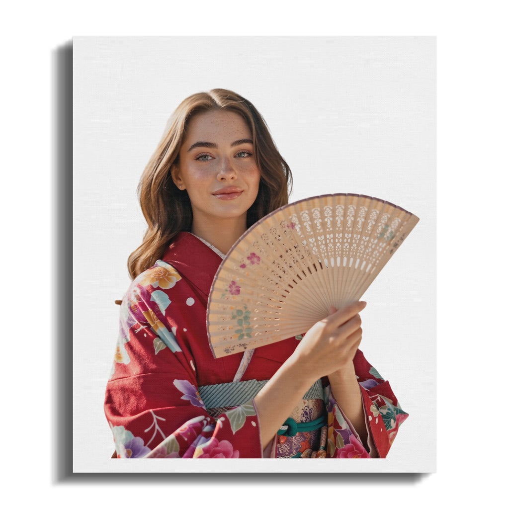 Young woman in red floral kimono holds a decorative fan.