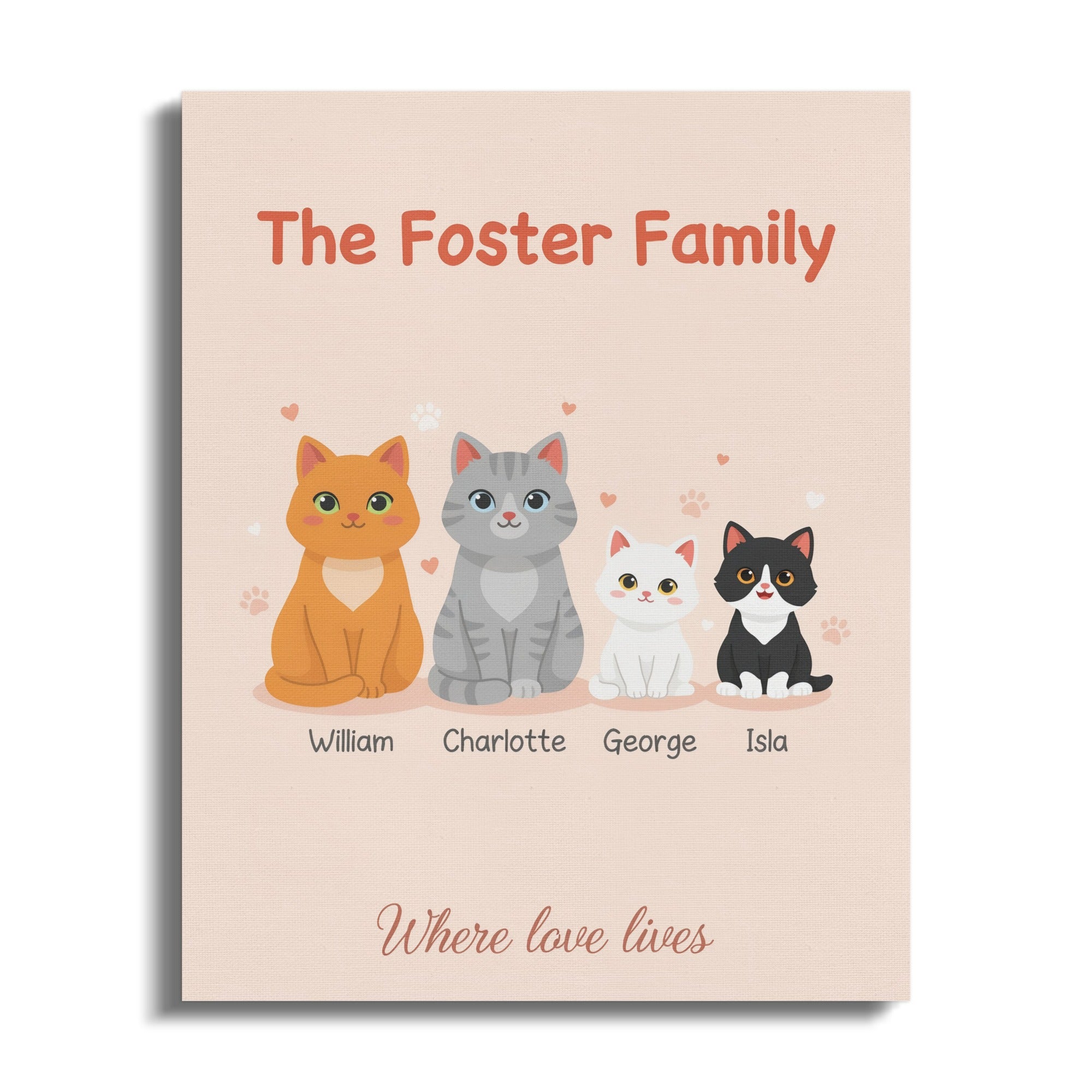 The Foster Family personalized cat portrait with names and "Where love lives".
