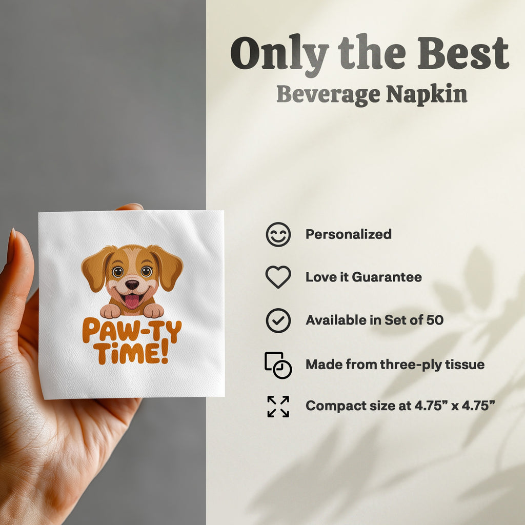 Beverage napkin with cartoon dog and "PAW-TY TIME!" text.