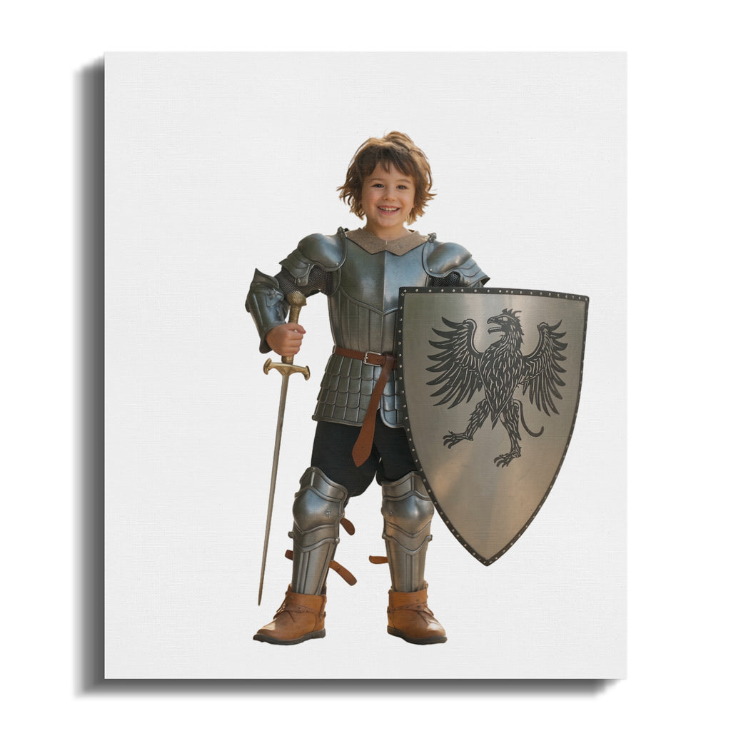 Boy in silver knight's armor holding sword and shield with eagle crest.
