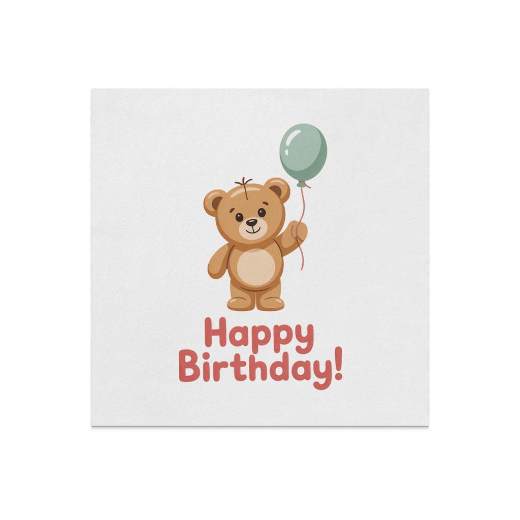 Teddy bear holding a balloon with "Happy Birthday!" text.