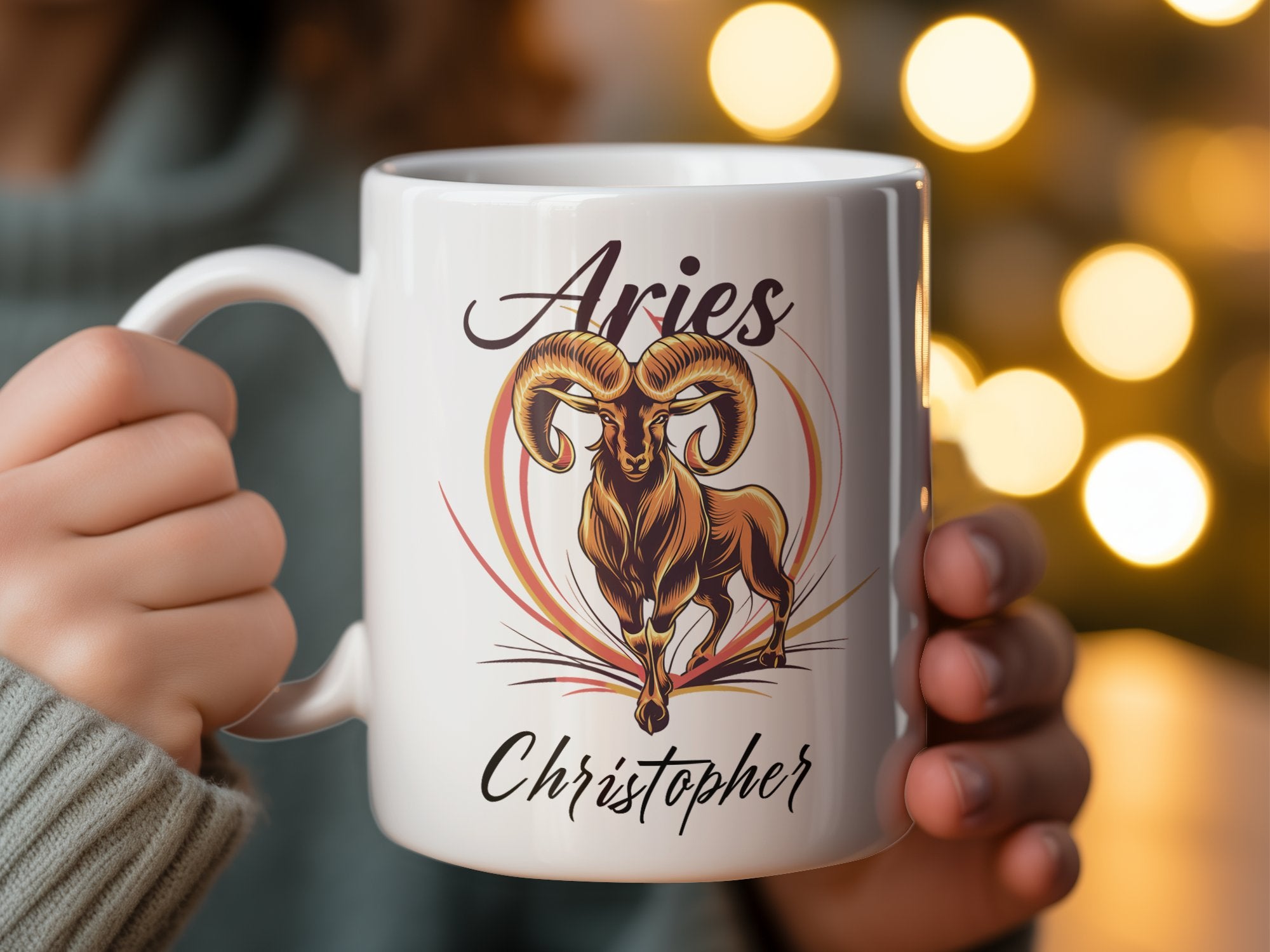 White mug with Aries ram illustration and text "Christopher".