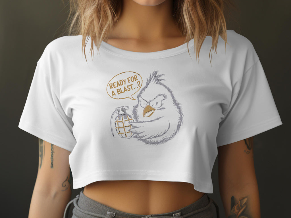 Fluffy bird with grenade and speech bubble "READY FOR A BLAST...?"
