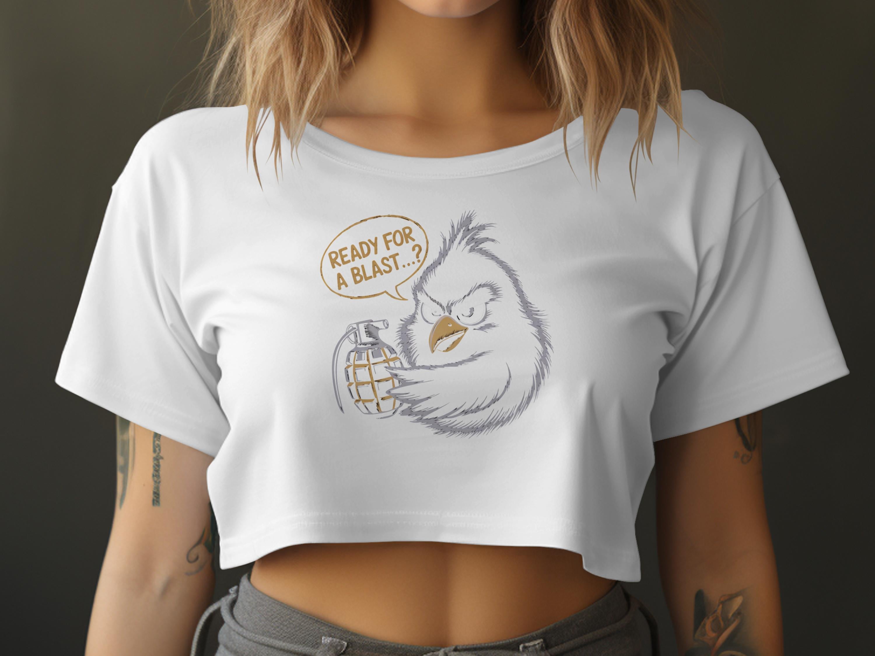 Fluffy bird with grenade and speech bubble "READY FOR A BLAST...?"