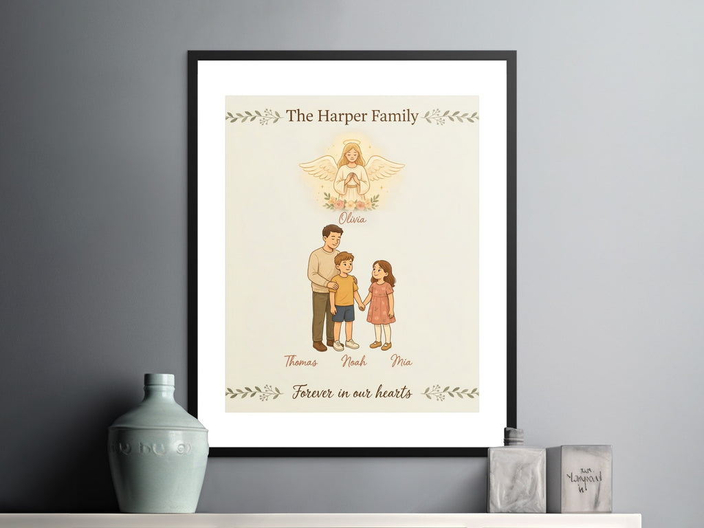 The Harper Family portrait with an angel, featuring names Thomas, Noah, Mia, and Olivia.