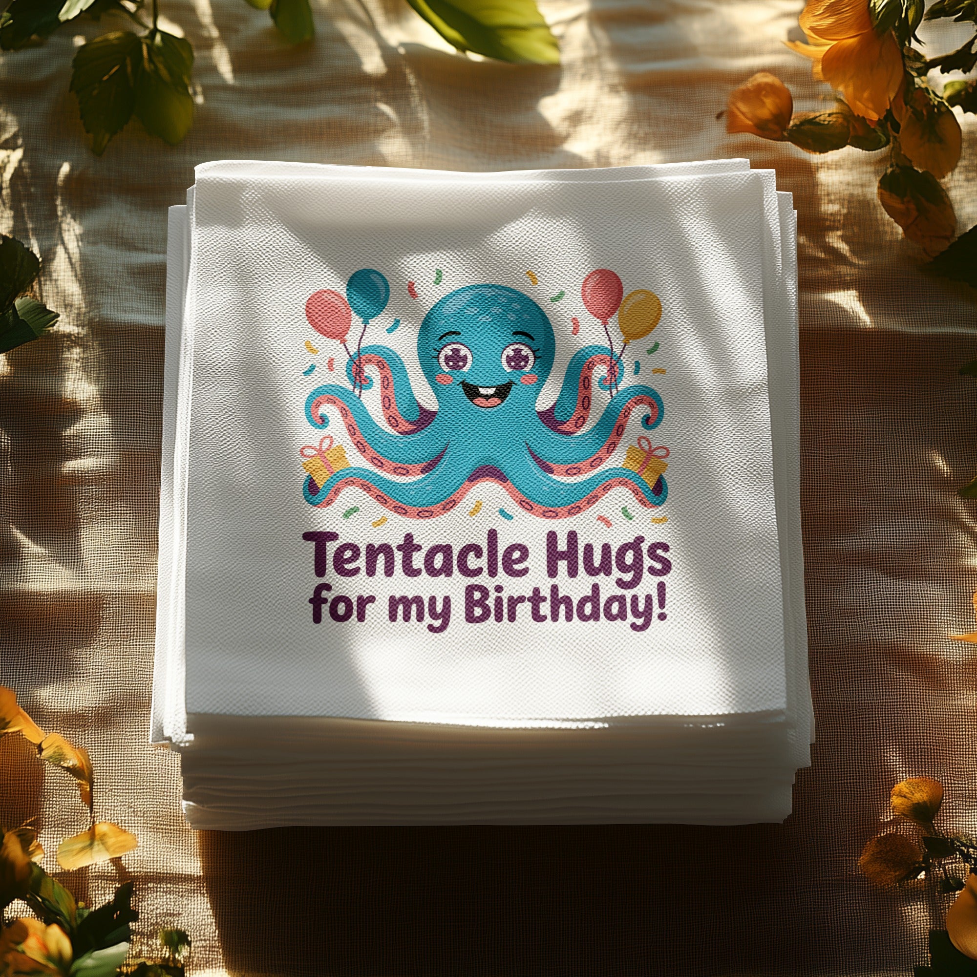 Stack of napkins featuring a cartoon octopus with balloons and "Tentacle Hugs for my Birthday!"