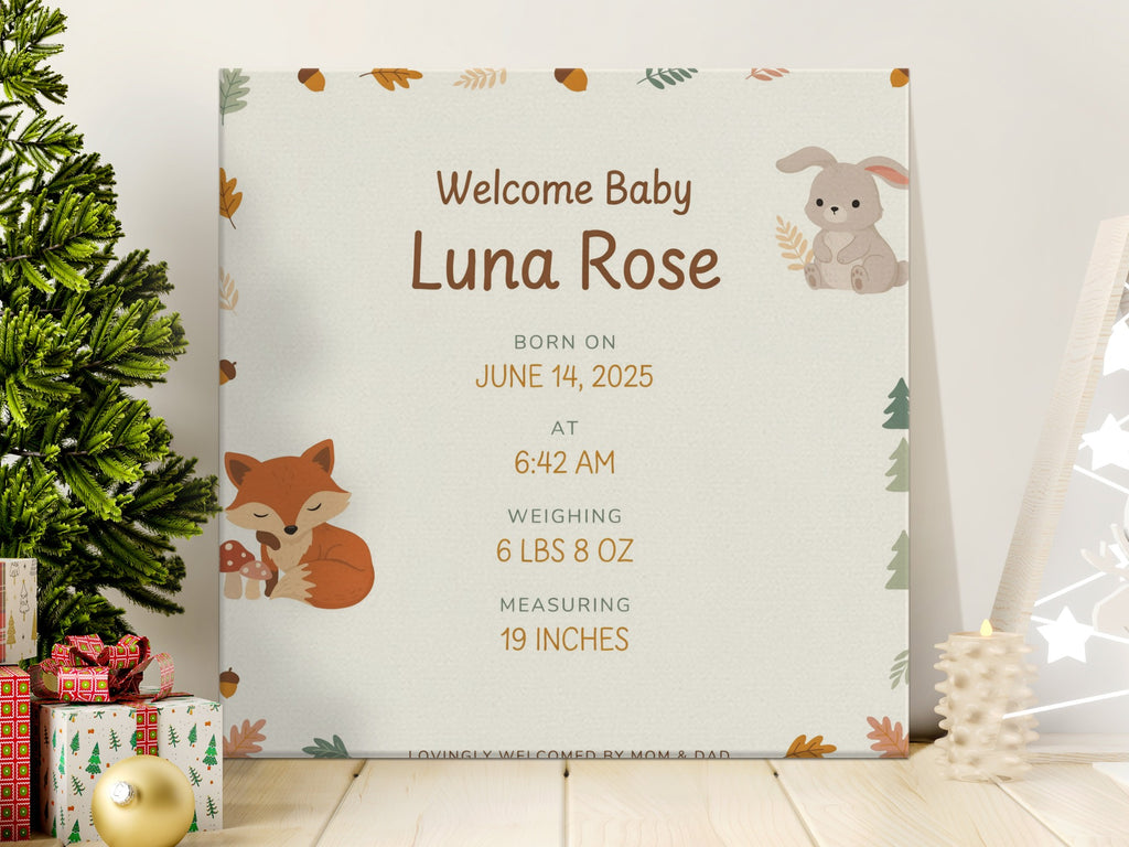 Baby Luna Rose birth announcement with fox and bunny decorations.