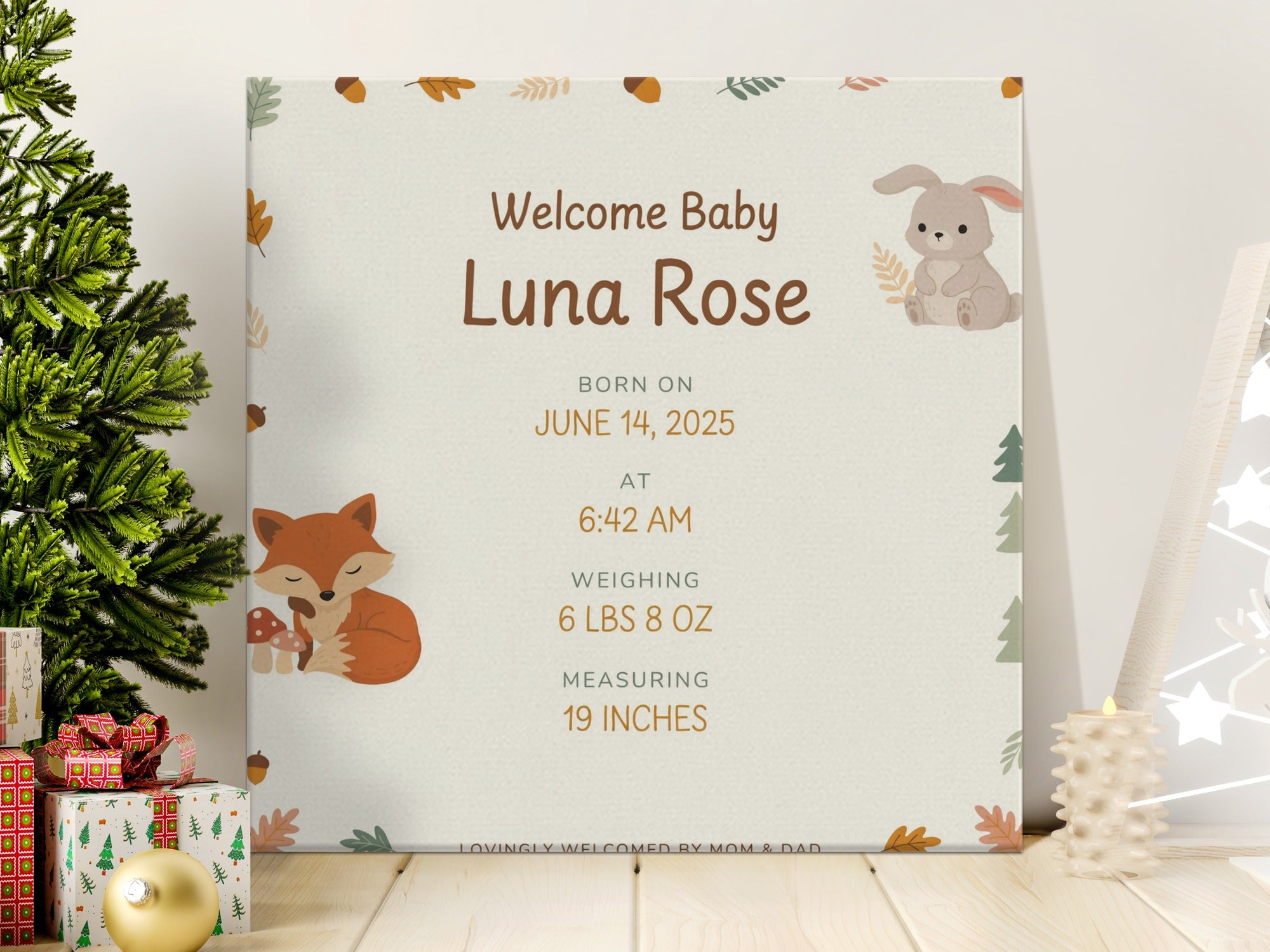Baby Luna Rose birth announcement with fox and bunny decorations.