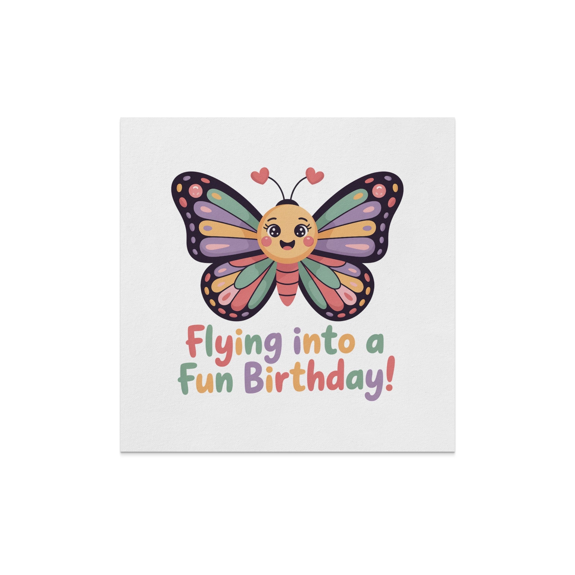 Cartoon butterfly with "Flying into a Fun Birthday!" text.