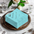Stack of teal napkins for 55th anniversary, Michael & Jennifer, 1971-2025.