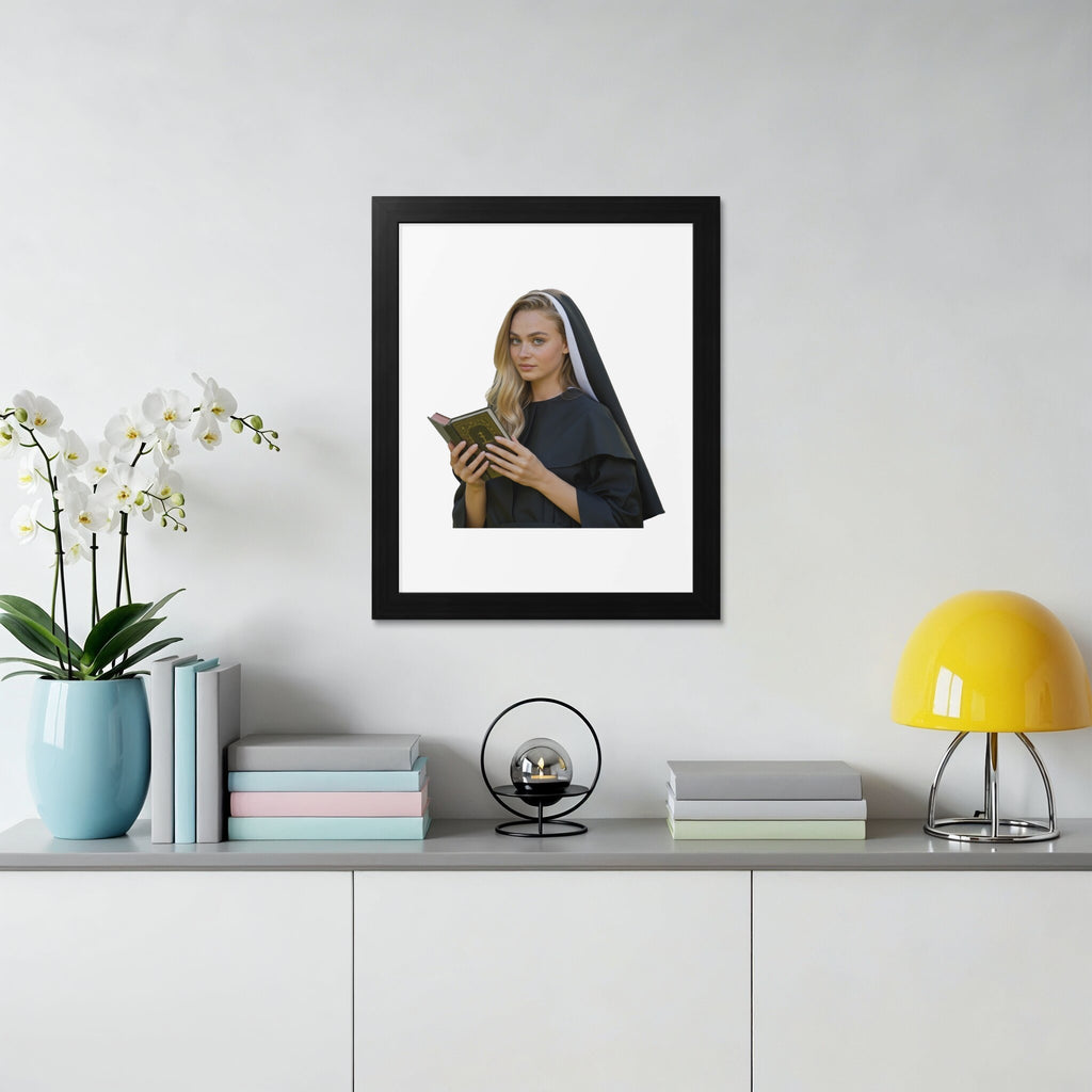 Woman in nun's habit holding an open book, framed.