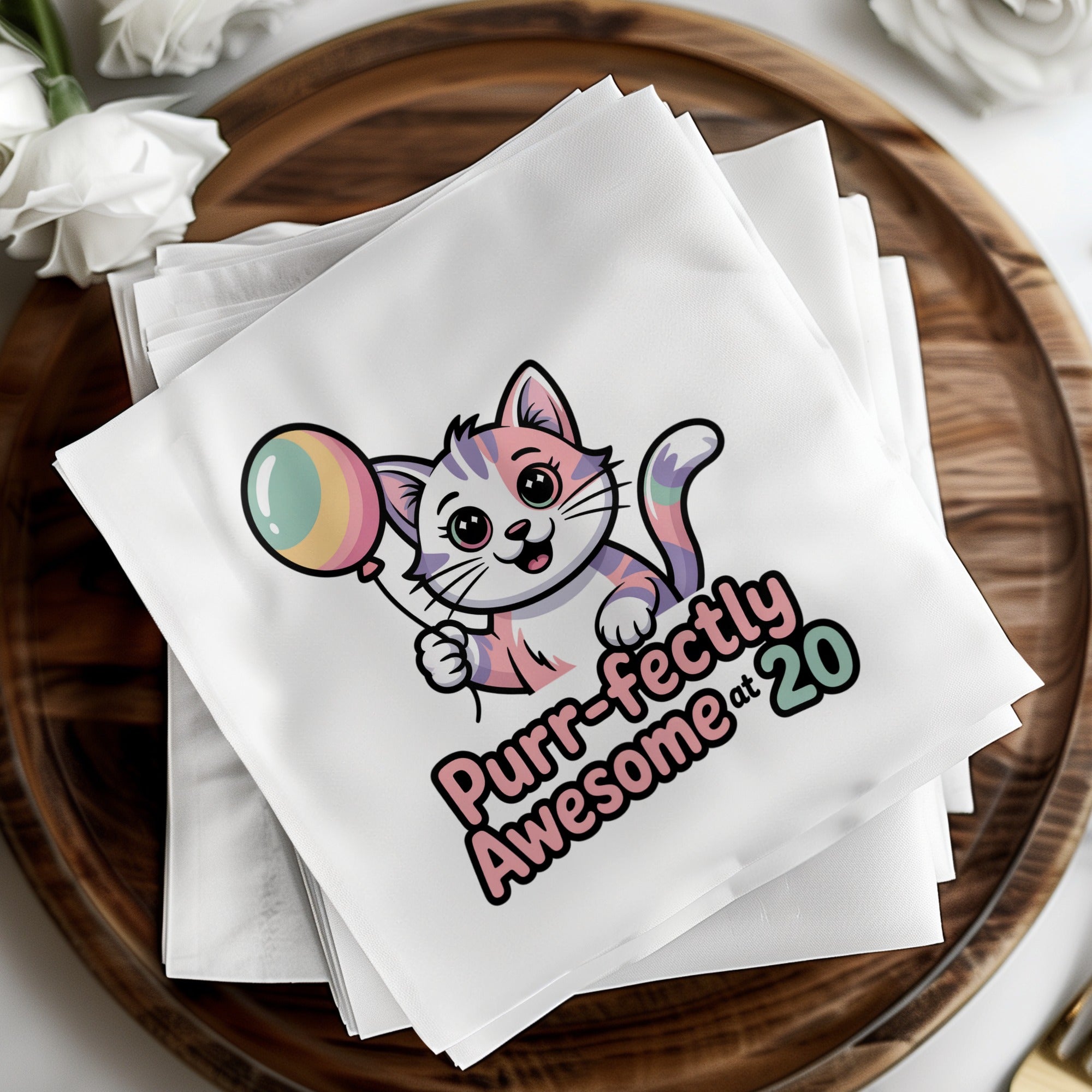 White napkins with a colorful cat holding a balloon and text "Purrfectly Awesome at 20".
