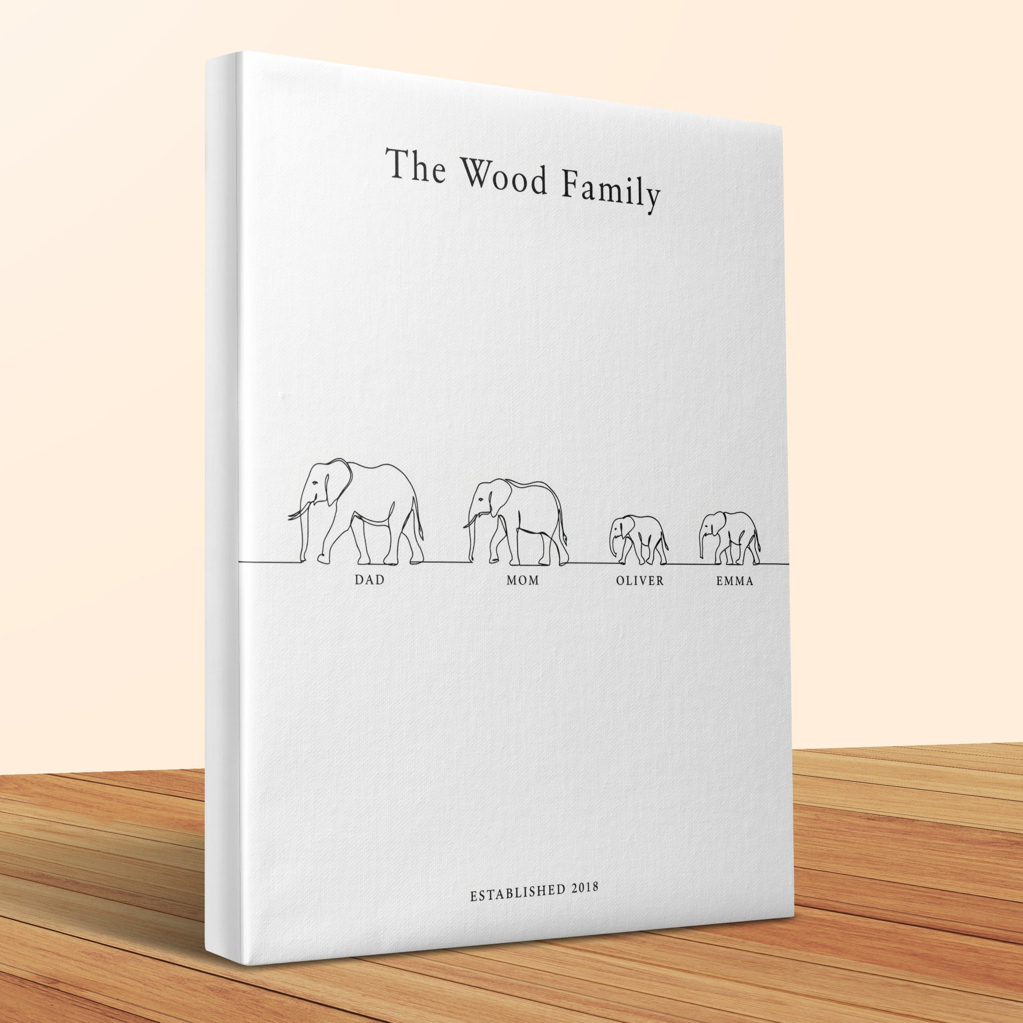The Wood Family established 2018, line art elephants Dad, Mom, Oliver, Emma.