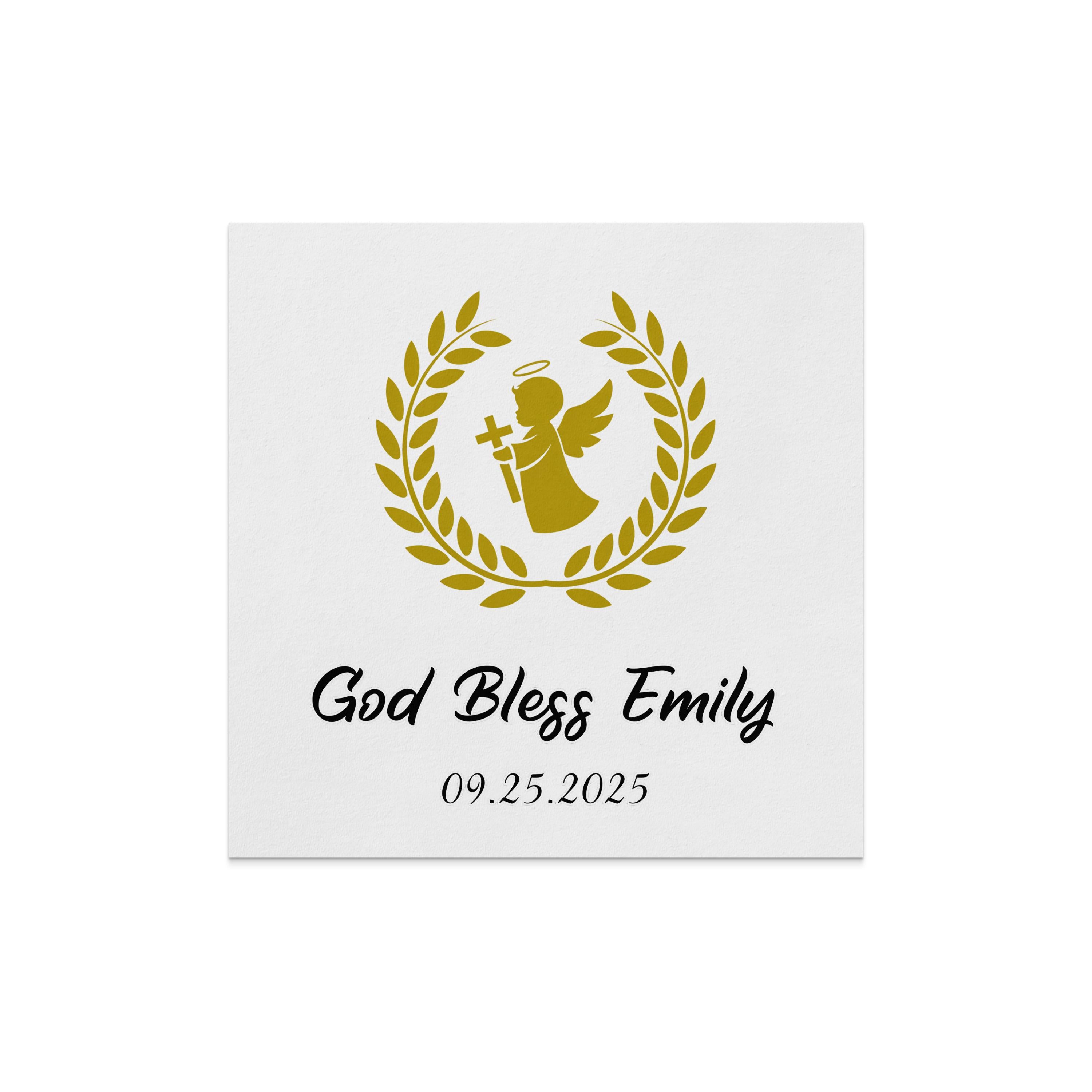 Gold angel with cross and laurel wreath, "God Bless Emily" and "09.25.2025".