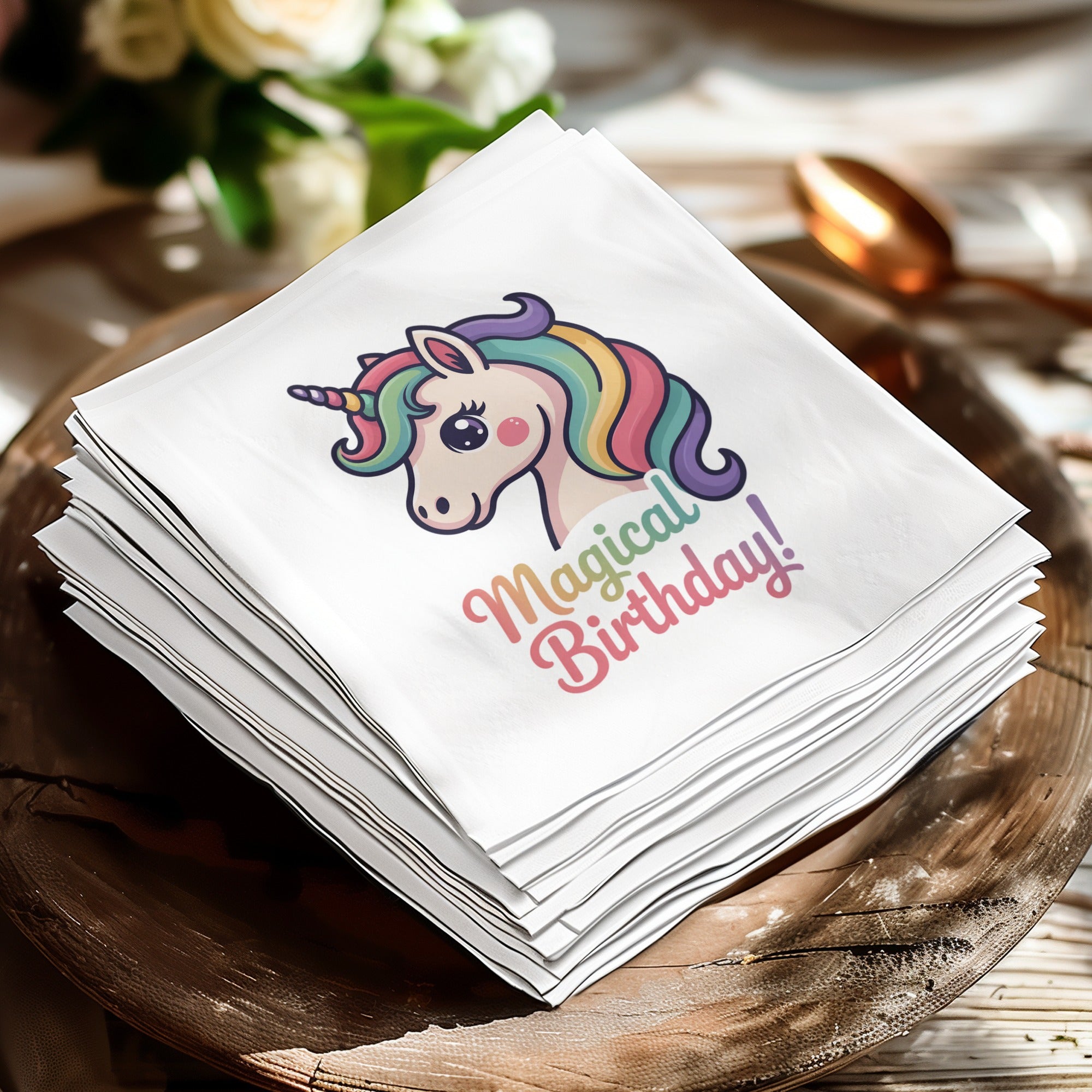 White napkins with a colorful unicorn and "Magical Birthday!" text.