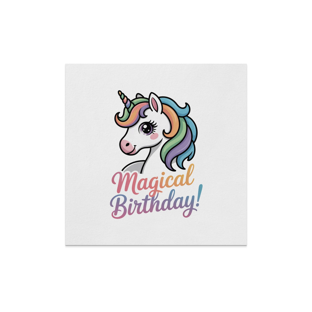 Unicorn with colorful mane and "Magical Birthday!" text.
