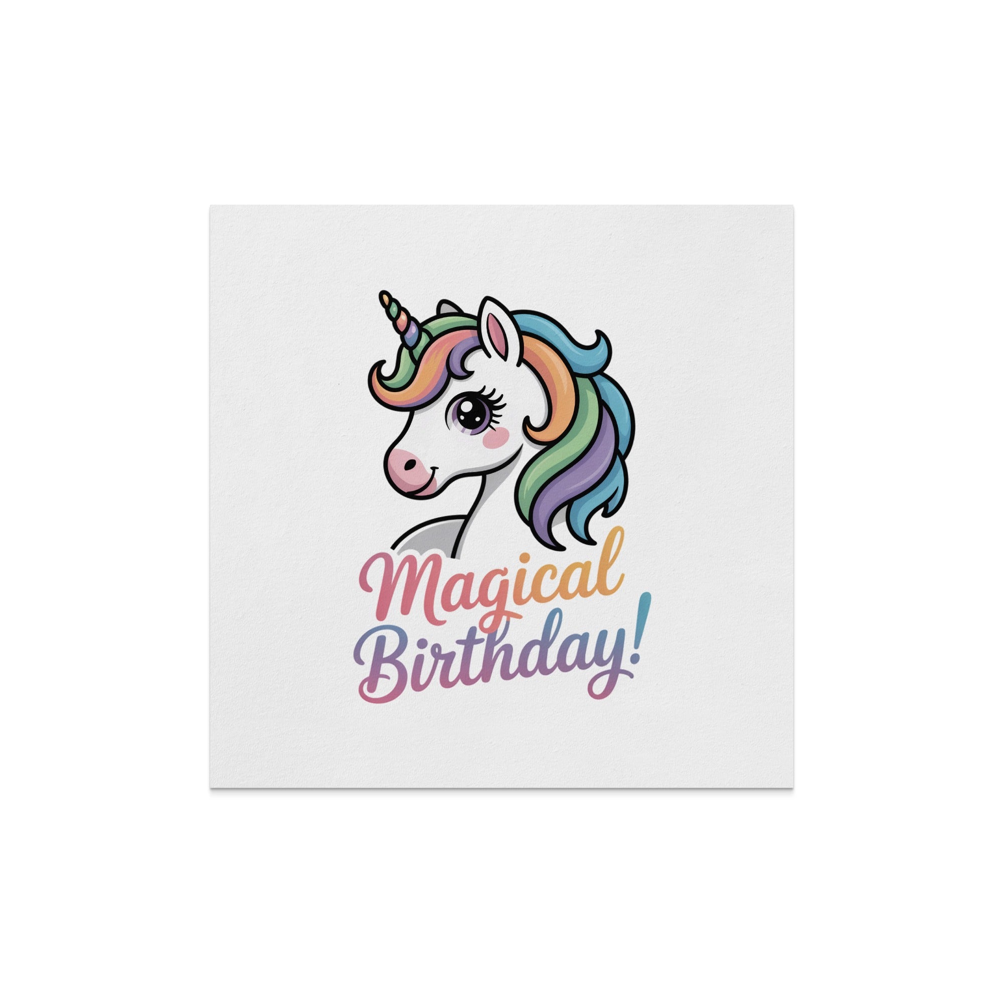 Unicorn with colorful mane and "Magical Birthday!" text.