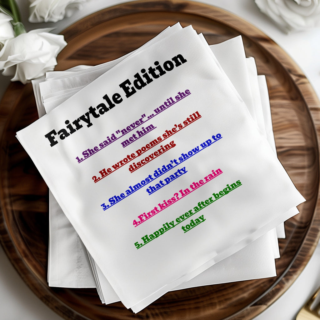 Fairytale Edition: Five romantic story prompts on stacked white napkins.