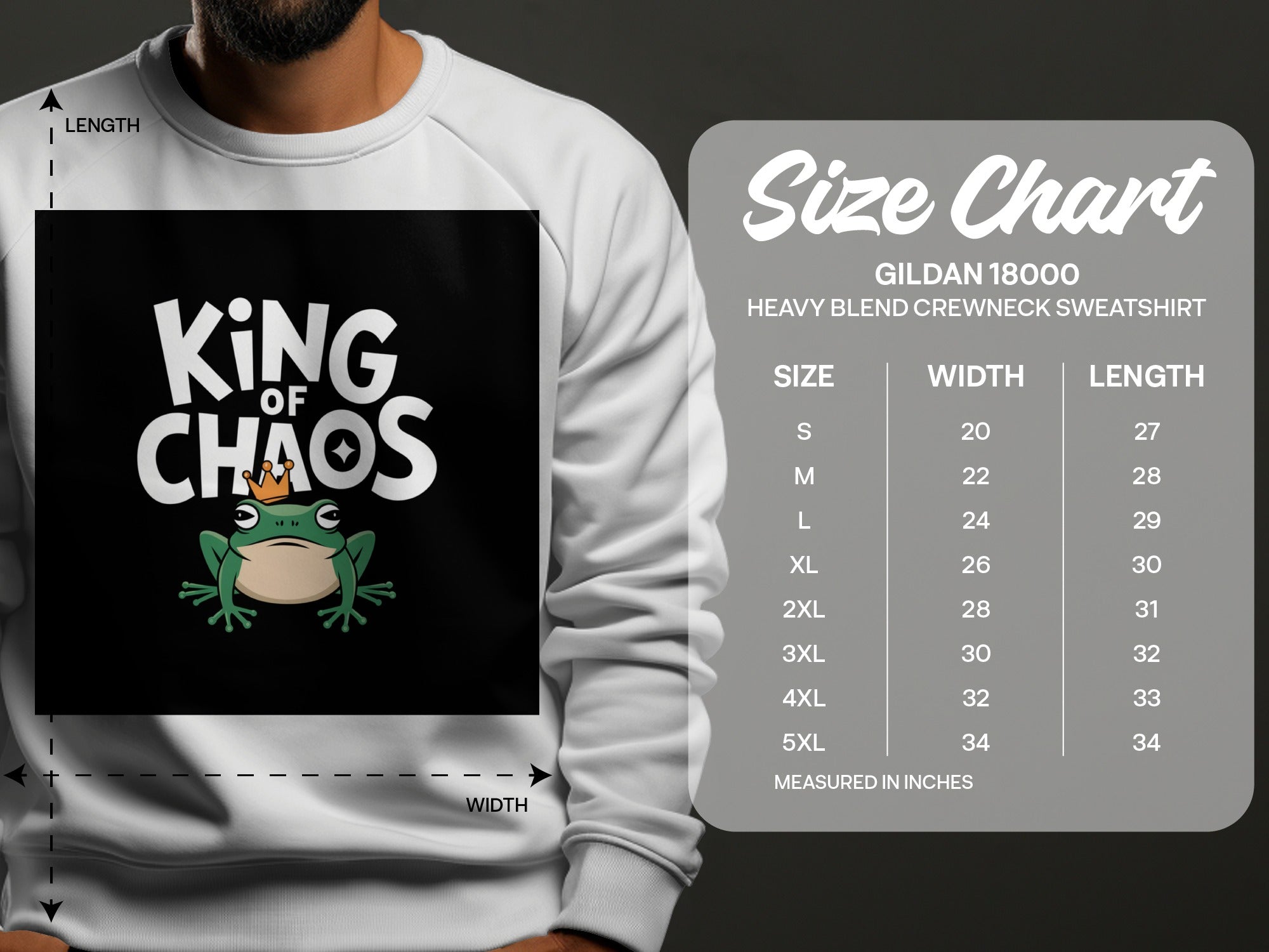 Gildan 18000 sweatshirt size chart with king frog graphic.