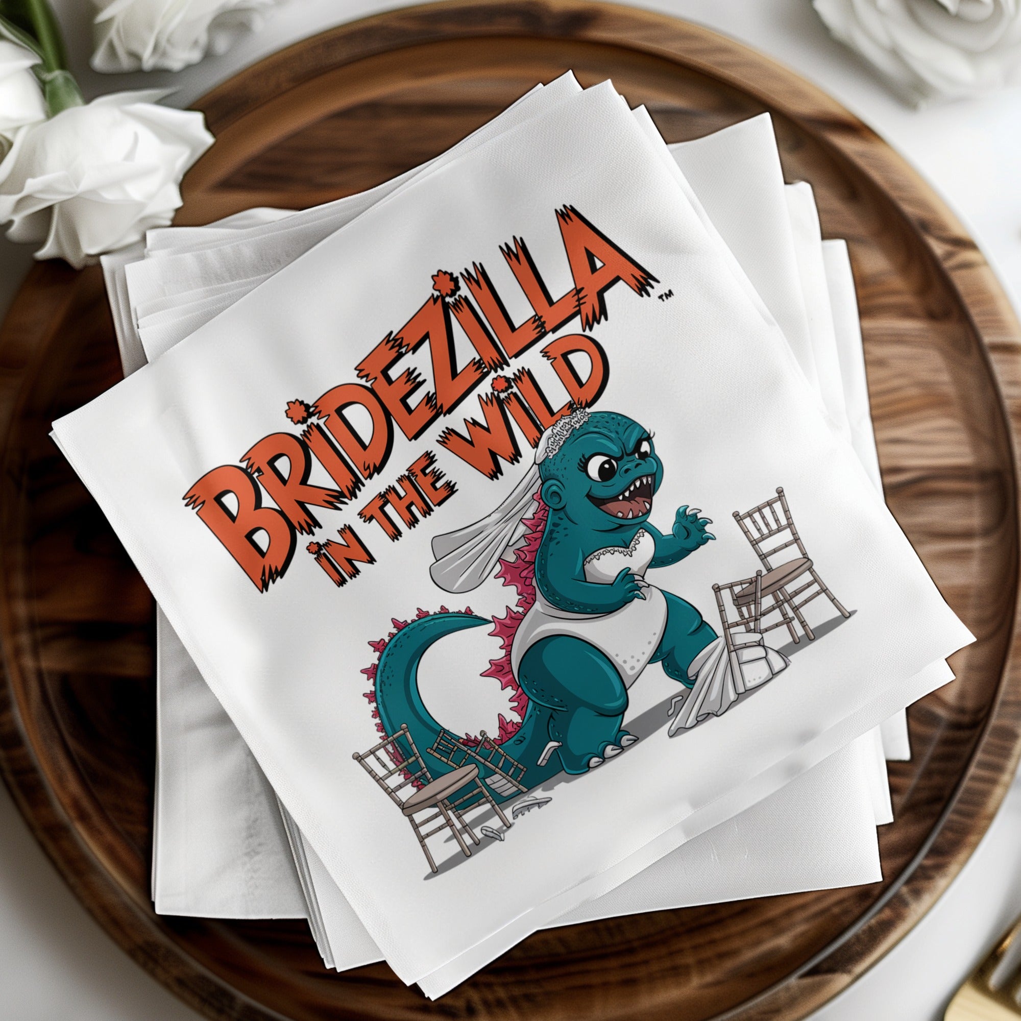 Bridzilla in the Wild cartoon monster in wedding dress with tiny chairs.