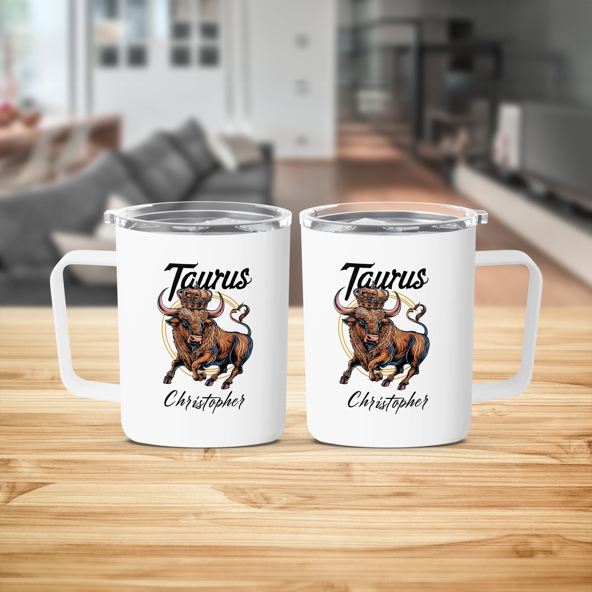 Taurus astrological sign with bull illustration on white travel mugs.