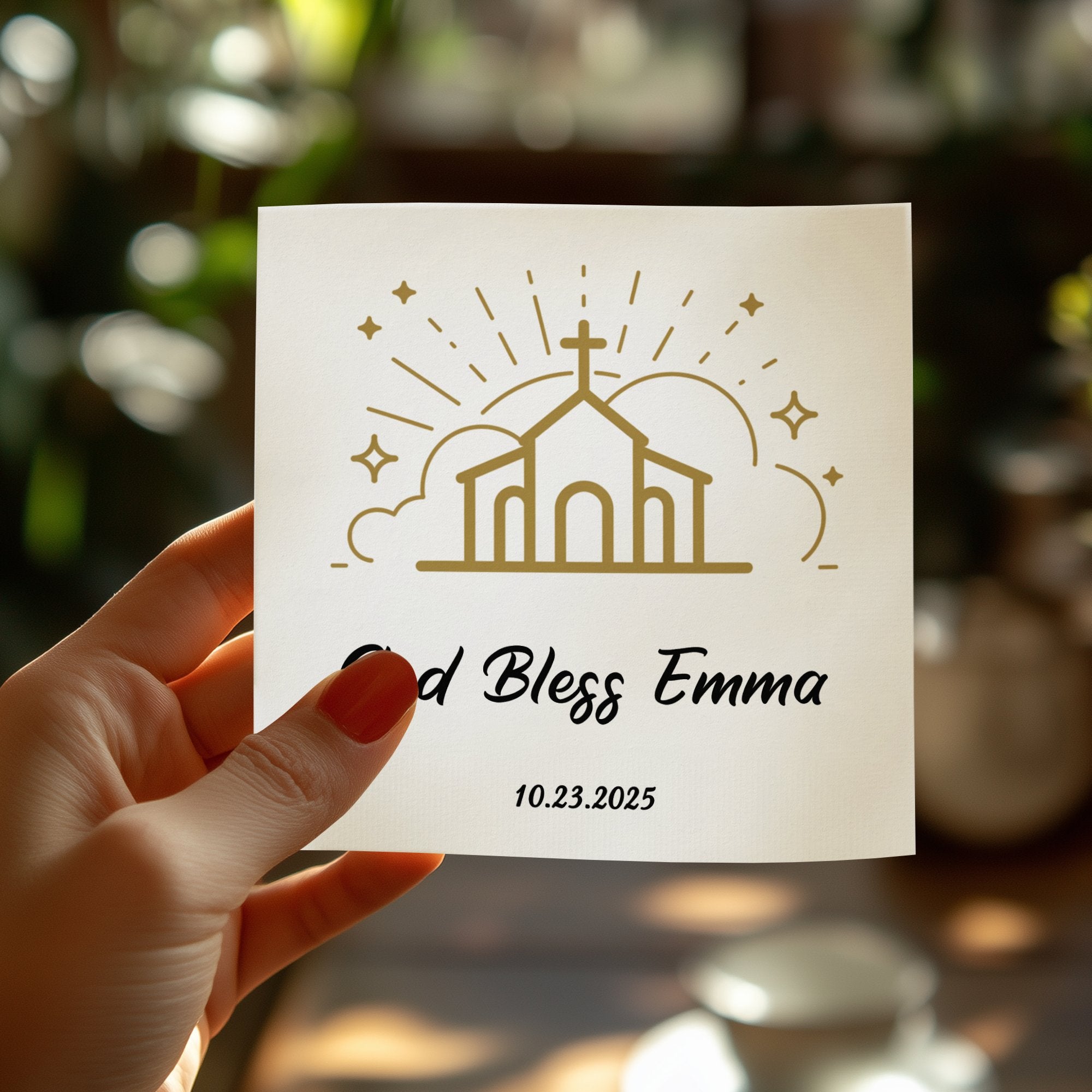 "God Bless Emma" card with church illustration and date 10.23.2025.