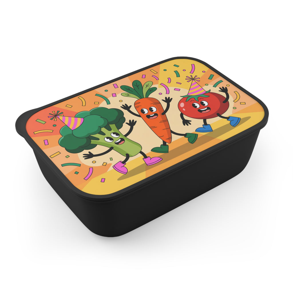 Lunchbox with cartoon broccoli, carrot, and tomato characters celebrating with confetti.
