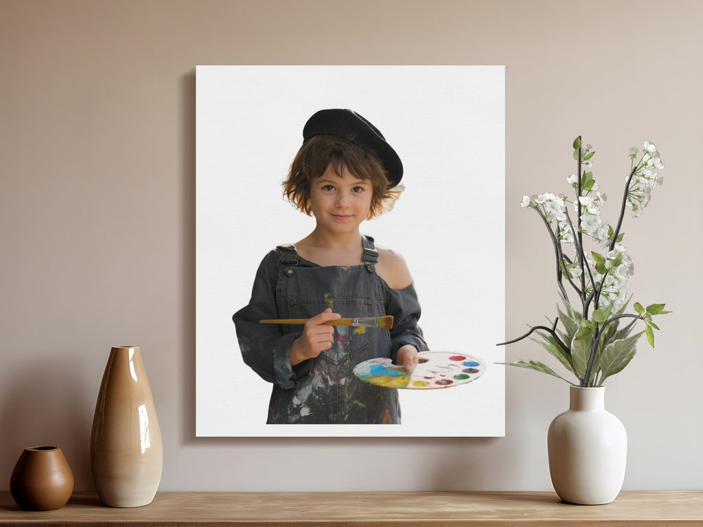 Young child in artist's overalls and beret holds a paint palette.
