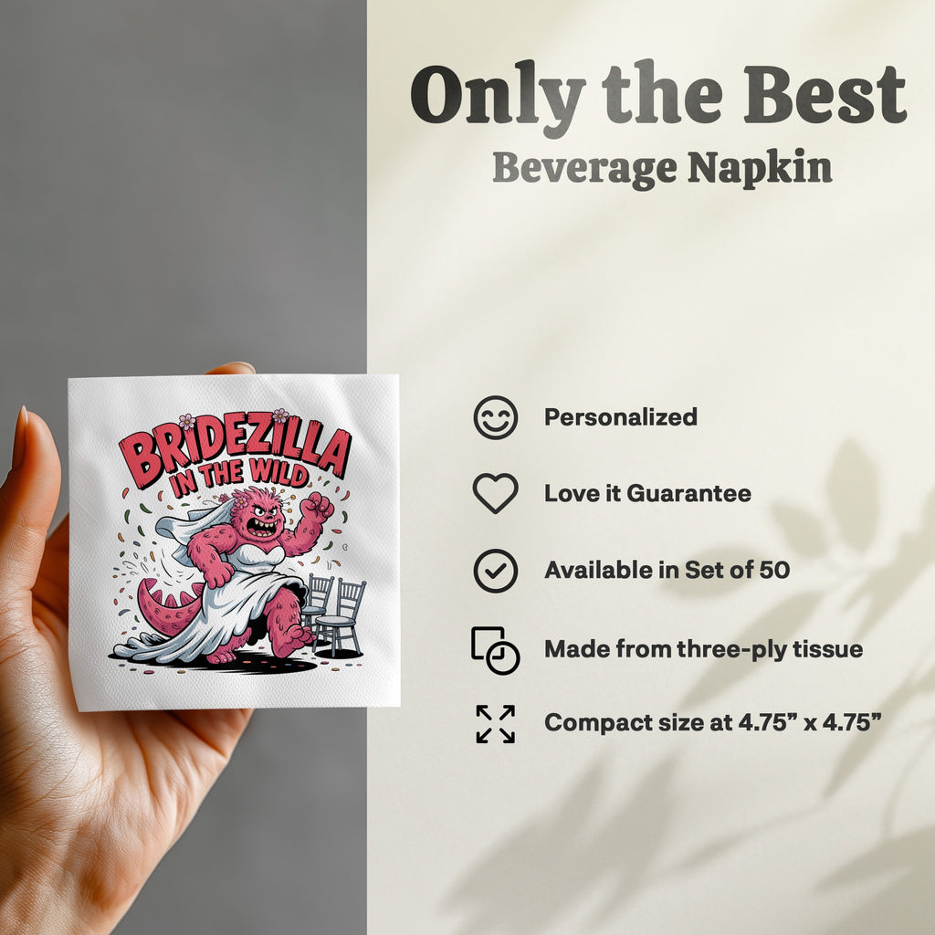Beverage napkin with "BRIDEZILLA IN THE WILD" text and a cartoon bride monster.