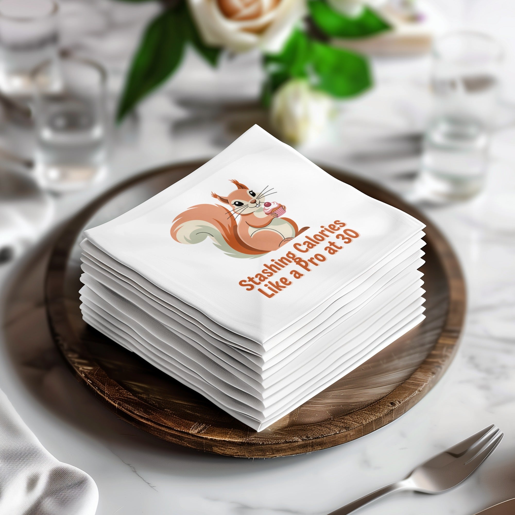Squirrel holding coffee cup on stack of napkins with text "Stashing Calories Like a Pro".