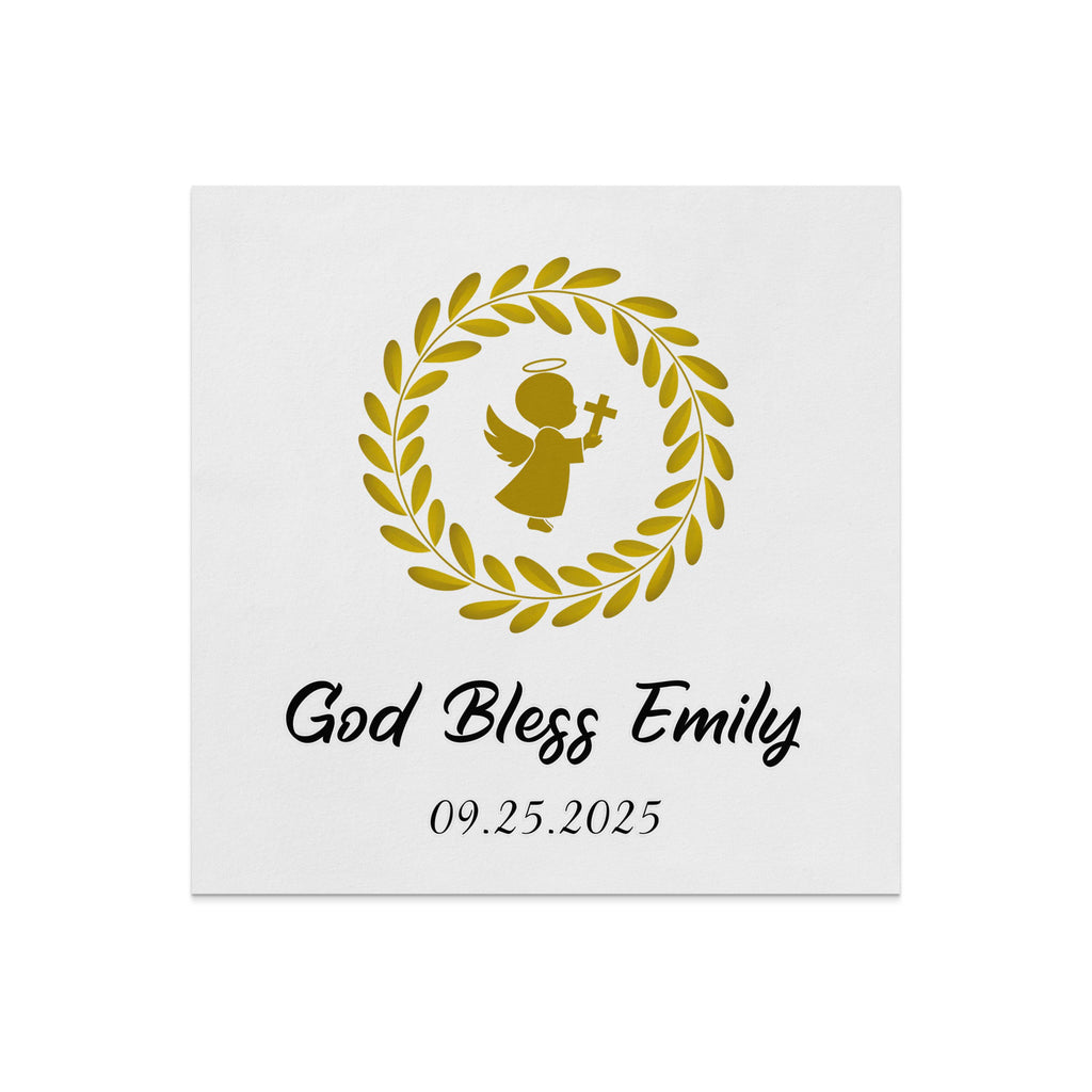 Gold wreath with angel above "God Bless Emily" and date.