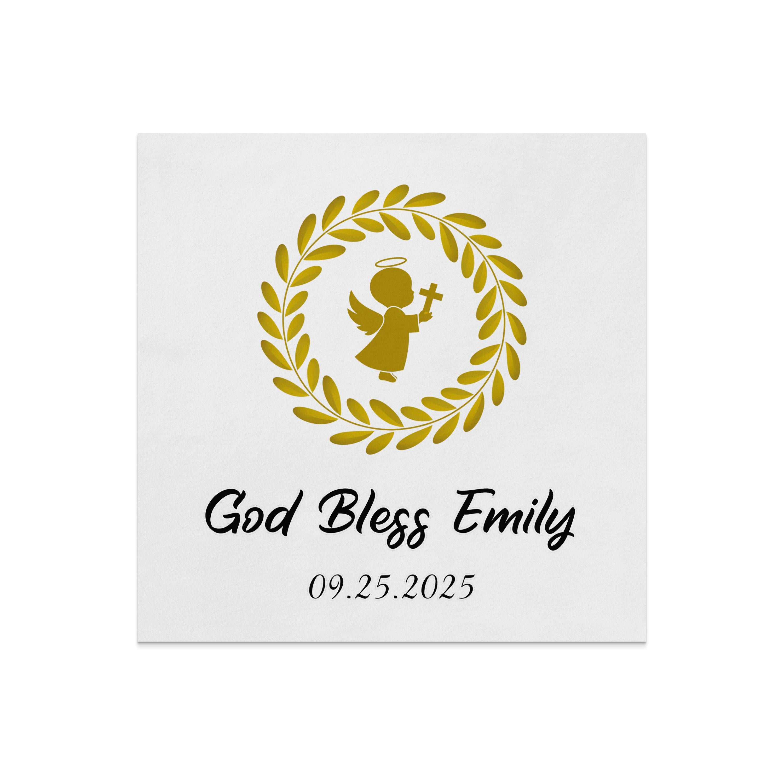 Gold wreath with angel above "God Bless Emily" and date.
