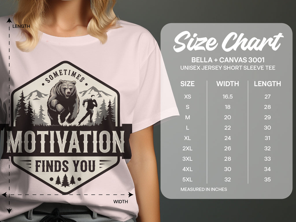 T-shirt size chart with bear and runner graphic and Bella + Canvas 3001 size details.