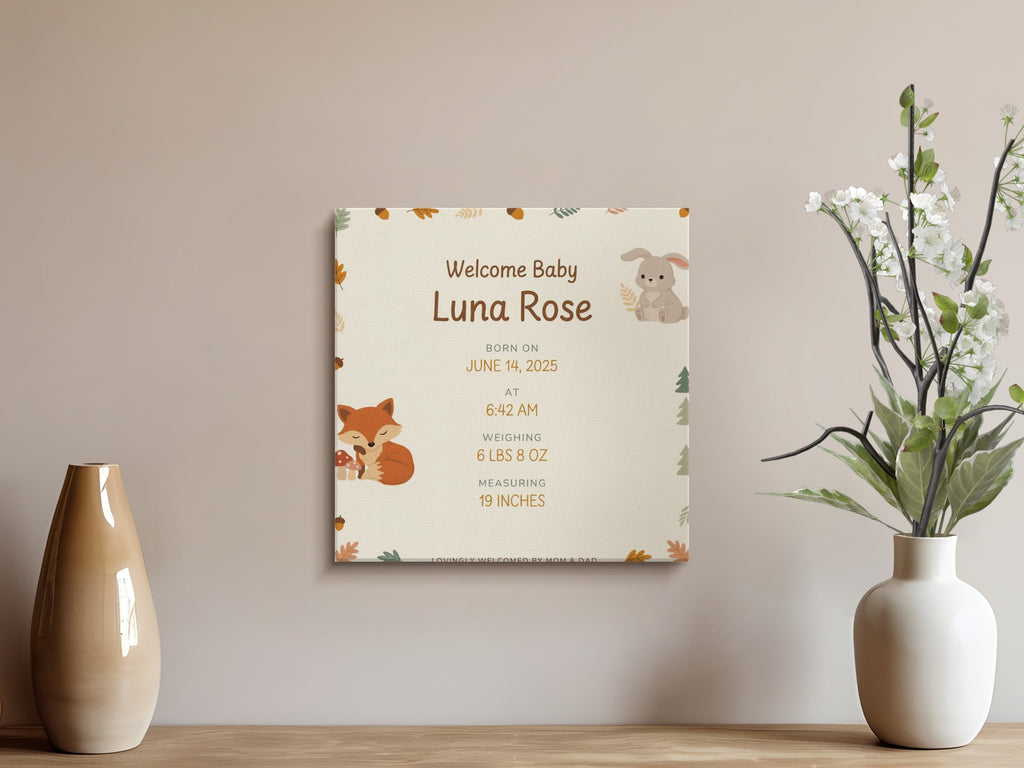 Welcome Baby Luna Rose birth details with fox and bunny illustrations.