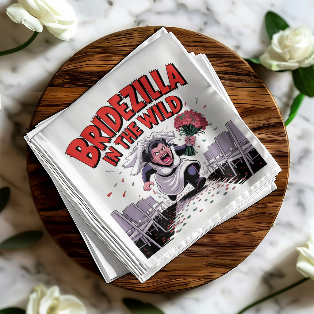 Cartoon bride, "BRIDEZILLA IN THE WILD," runs from chairs.