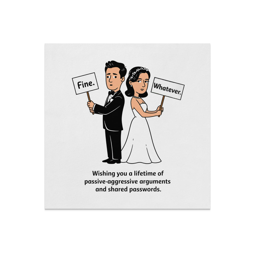 Couple in wedding attire holding signs, "Fine." and "Whatever."