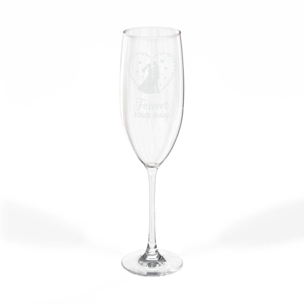 Champagne flute with "Forever starts today" etched above couple silhouette.