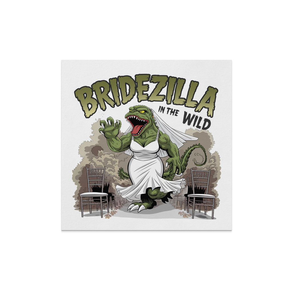 Bridezilla monster in a wedding dress and veil between two chairs.