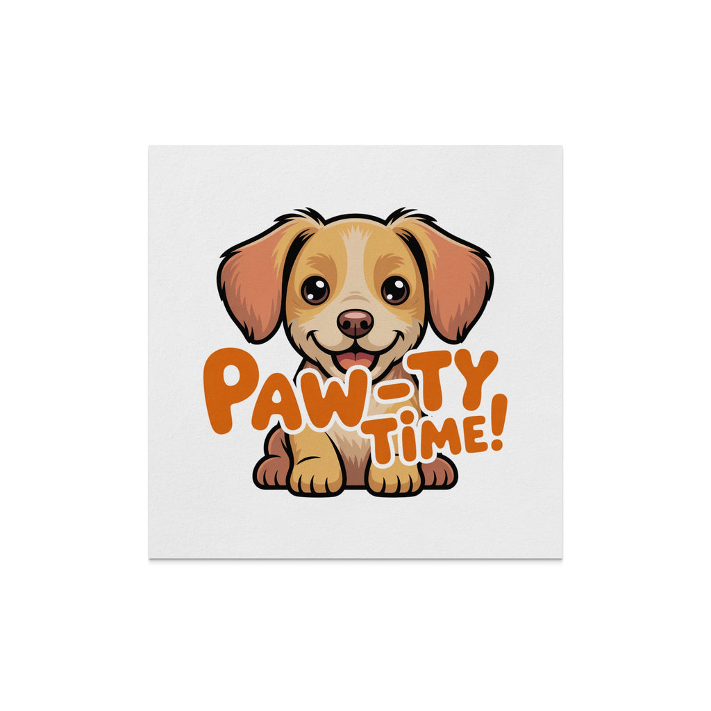 Happy cartoon puppy with "PAW-TY TIME!" text.