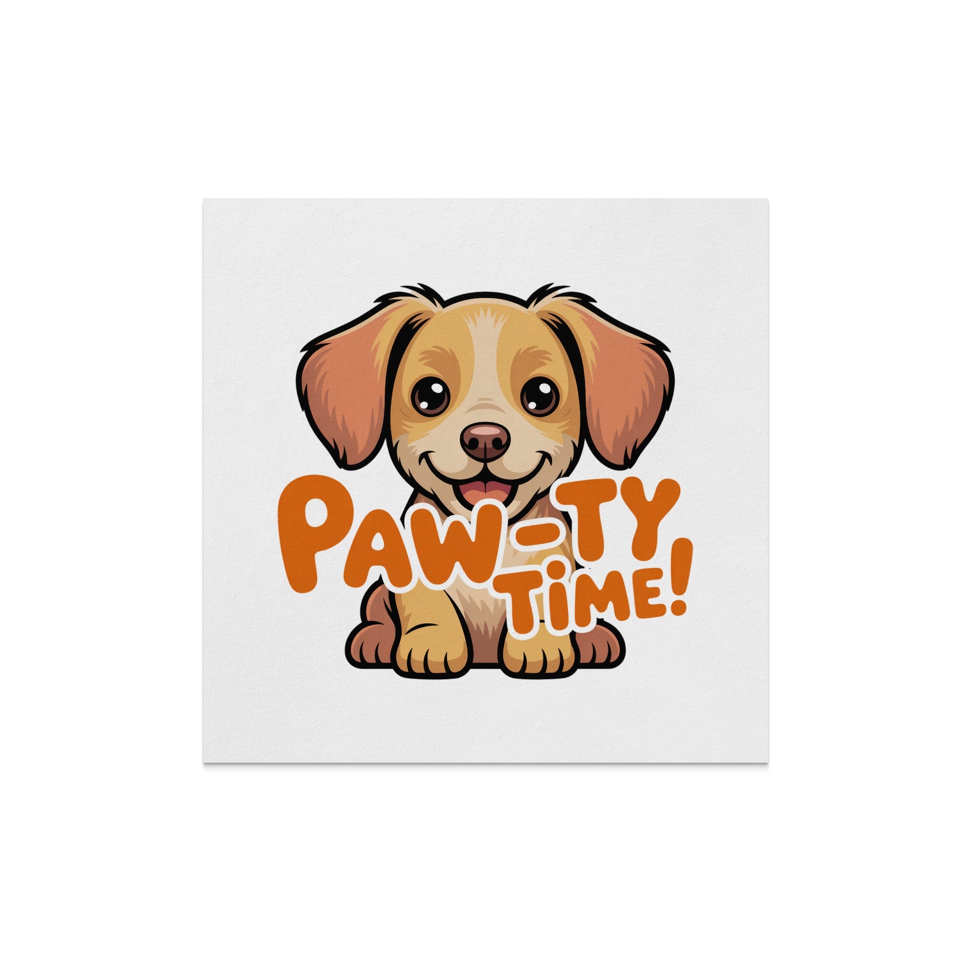 Happy cartoon puppy with "PAW-TY TIME!" text.