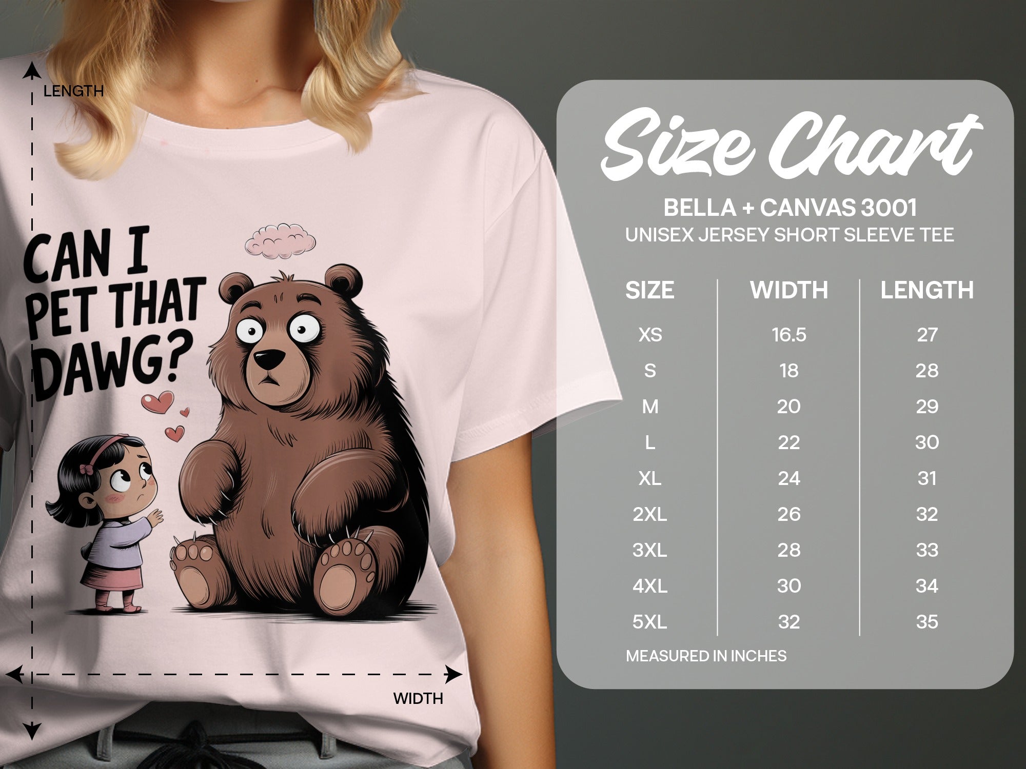 T-shirt with bear and girl graphic, "CAN I PET THAT DAWG?" text, and size chart.