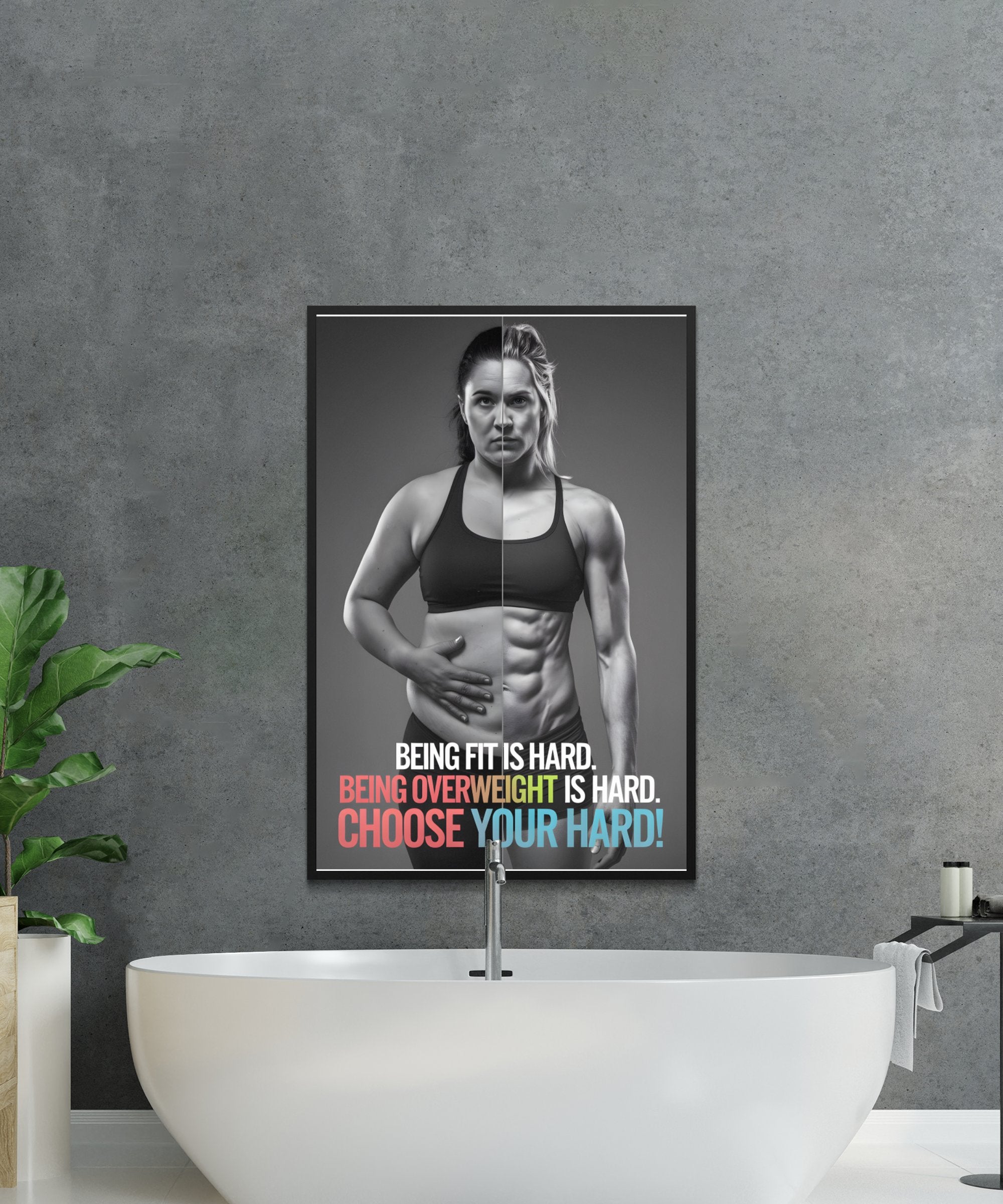 Fitness poster with text "BEING OVERWEIGHT IS HARD. CHOOSE YOUR HARD!"