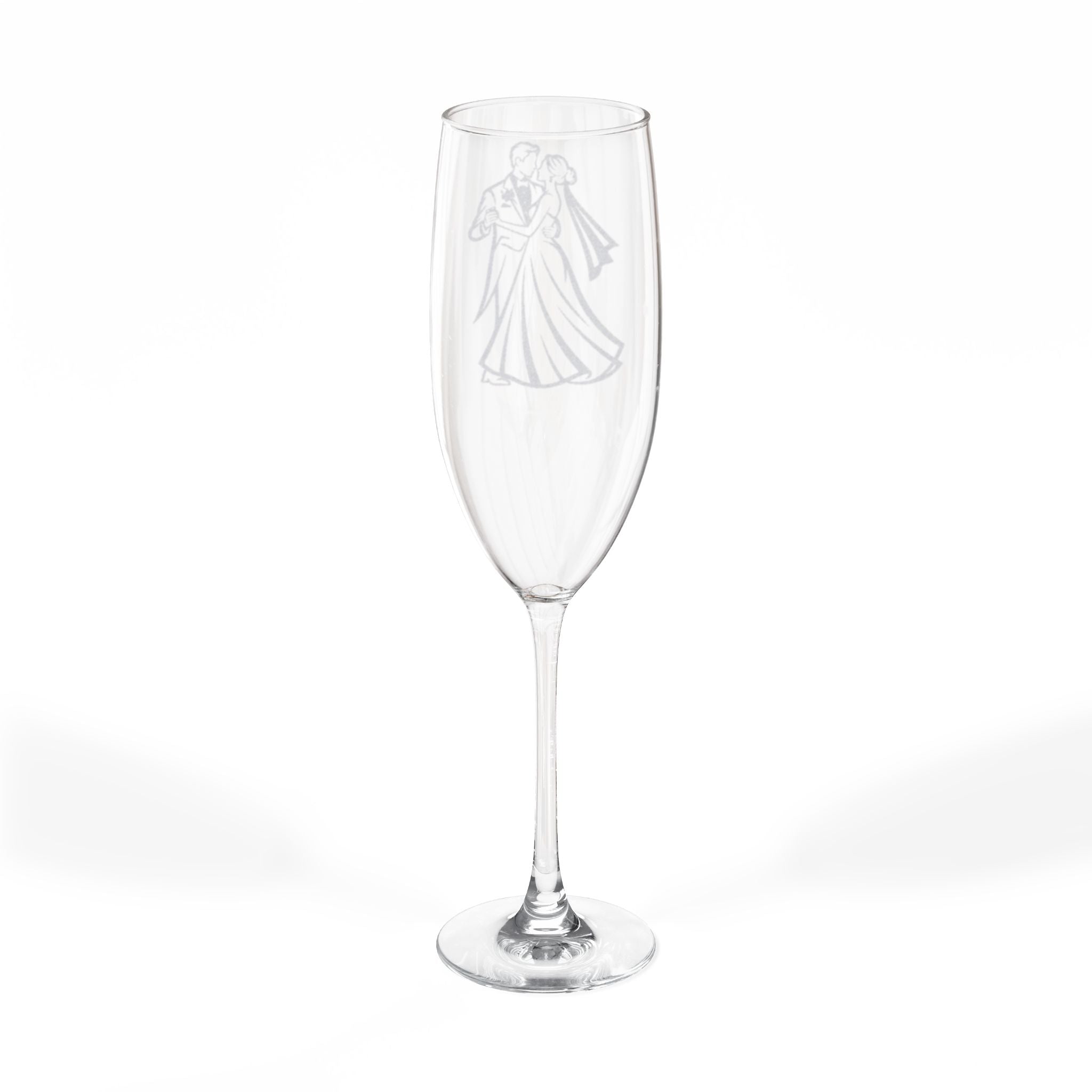 Champagne flute with etched silhouette of a dancing couple.