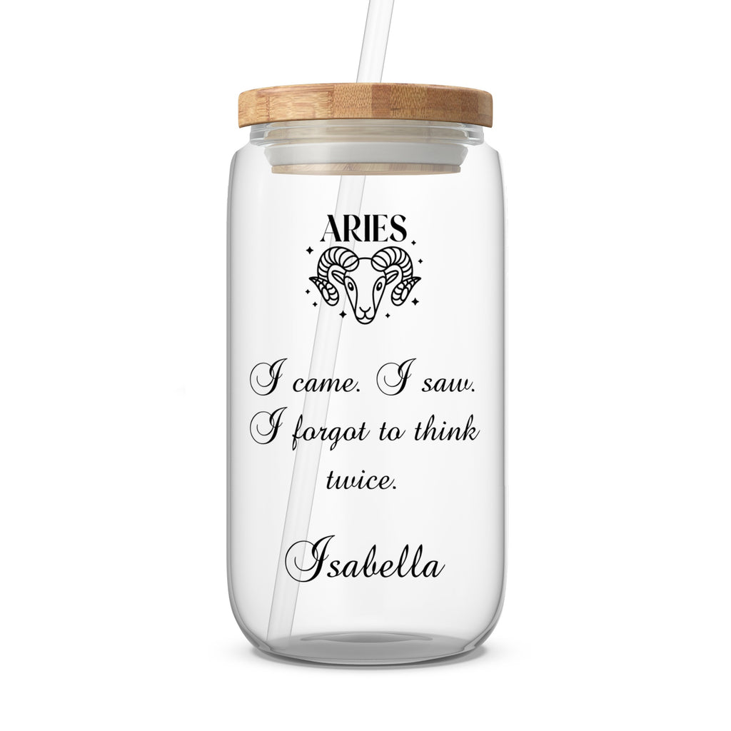 Glass tumbler with Aries symbol and personalized text "Isabella".