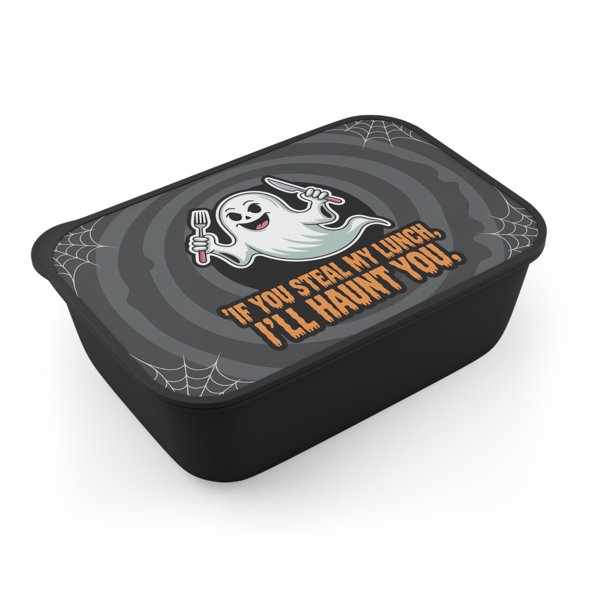 Black lunchbox with a ghost saying "If you steal my lunch, I'll haunt you."