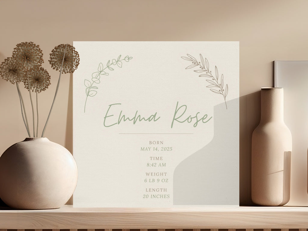 Emma Rose birth announcement with details: Born May 14, 2025, 8:42 AM, 6 lb 9 oz, 20 inches.
