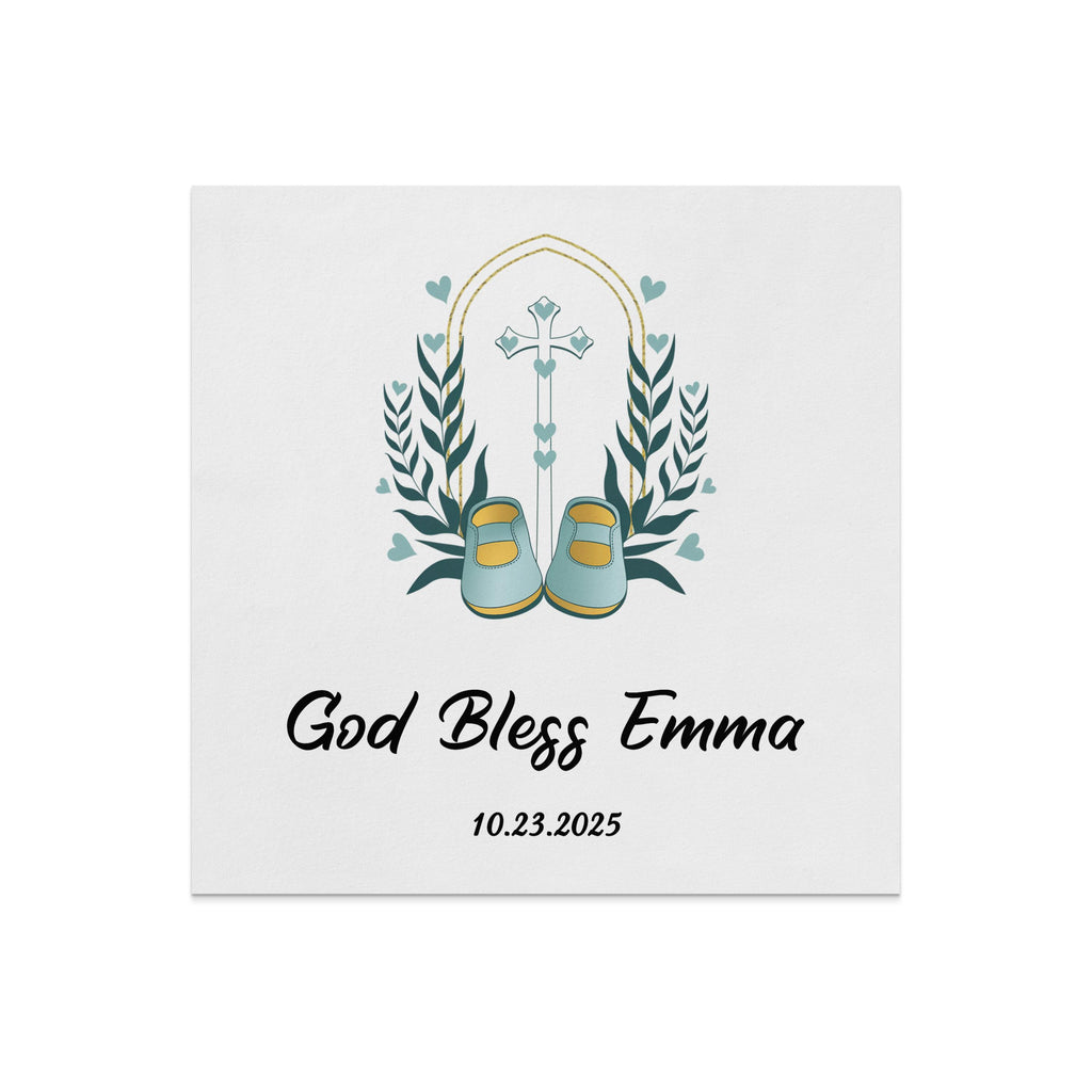 Baby booties and cross with hearts, "God Bless Emma 10.23.2025".