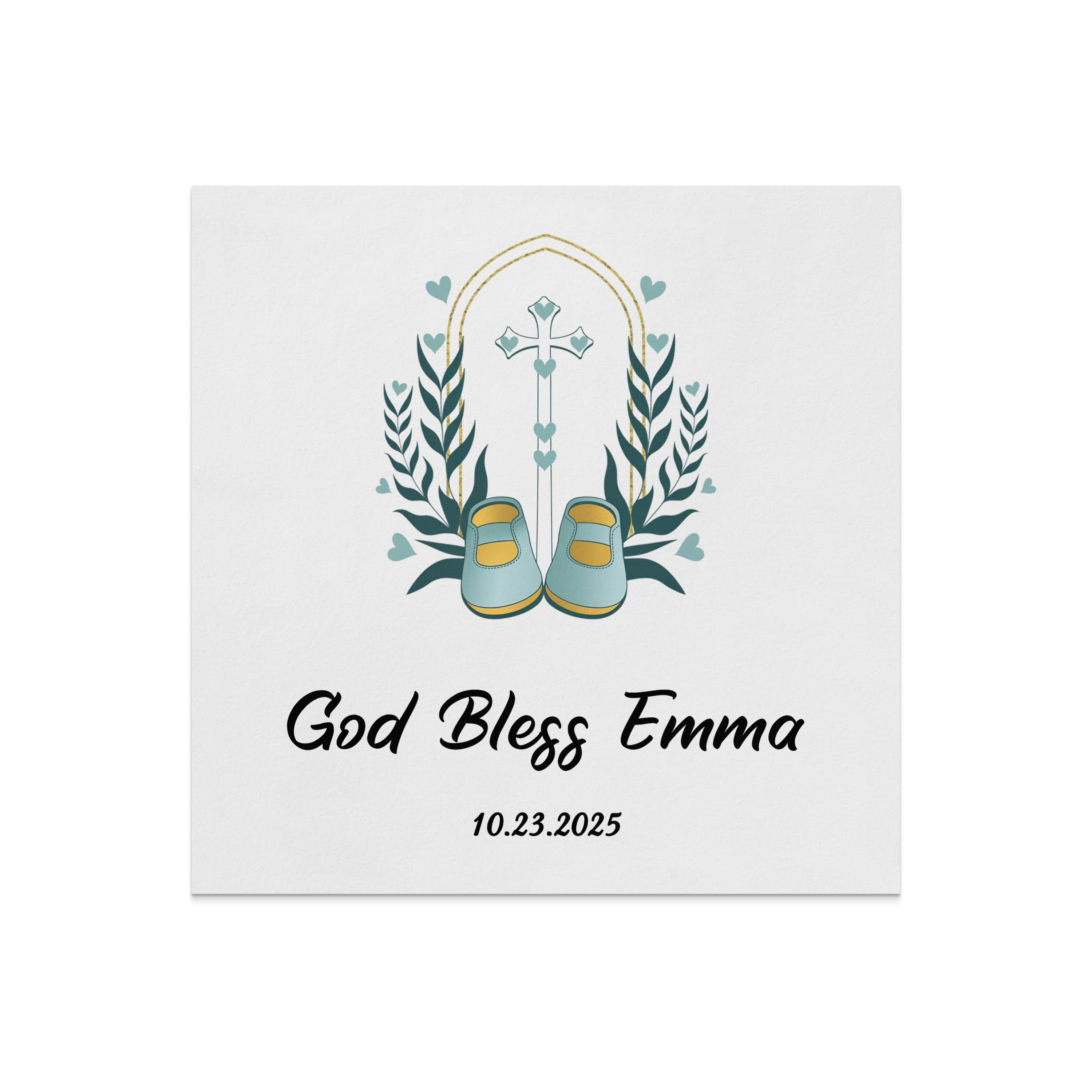 Baby booties and cross with hearts, "God Bless Emma 10.23.2025".